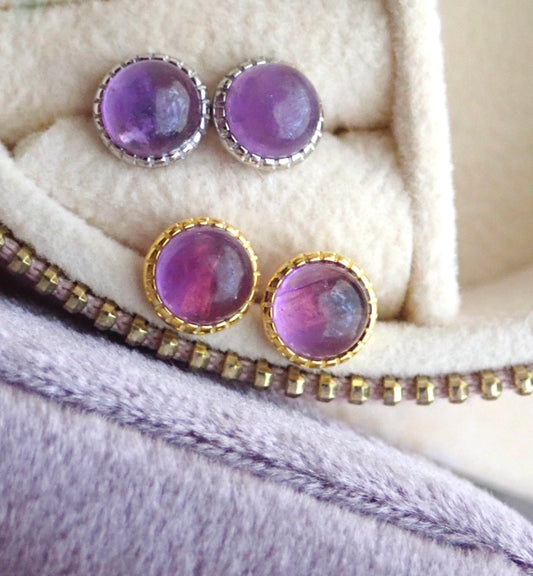 Dainty Polished Amethyst Studs – Bezel Set in Gold or Silver | Ideal for Stacking & Layering