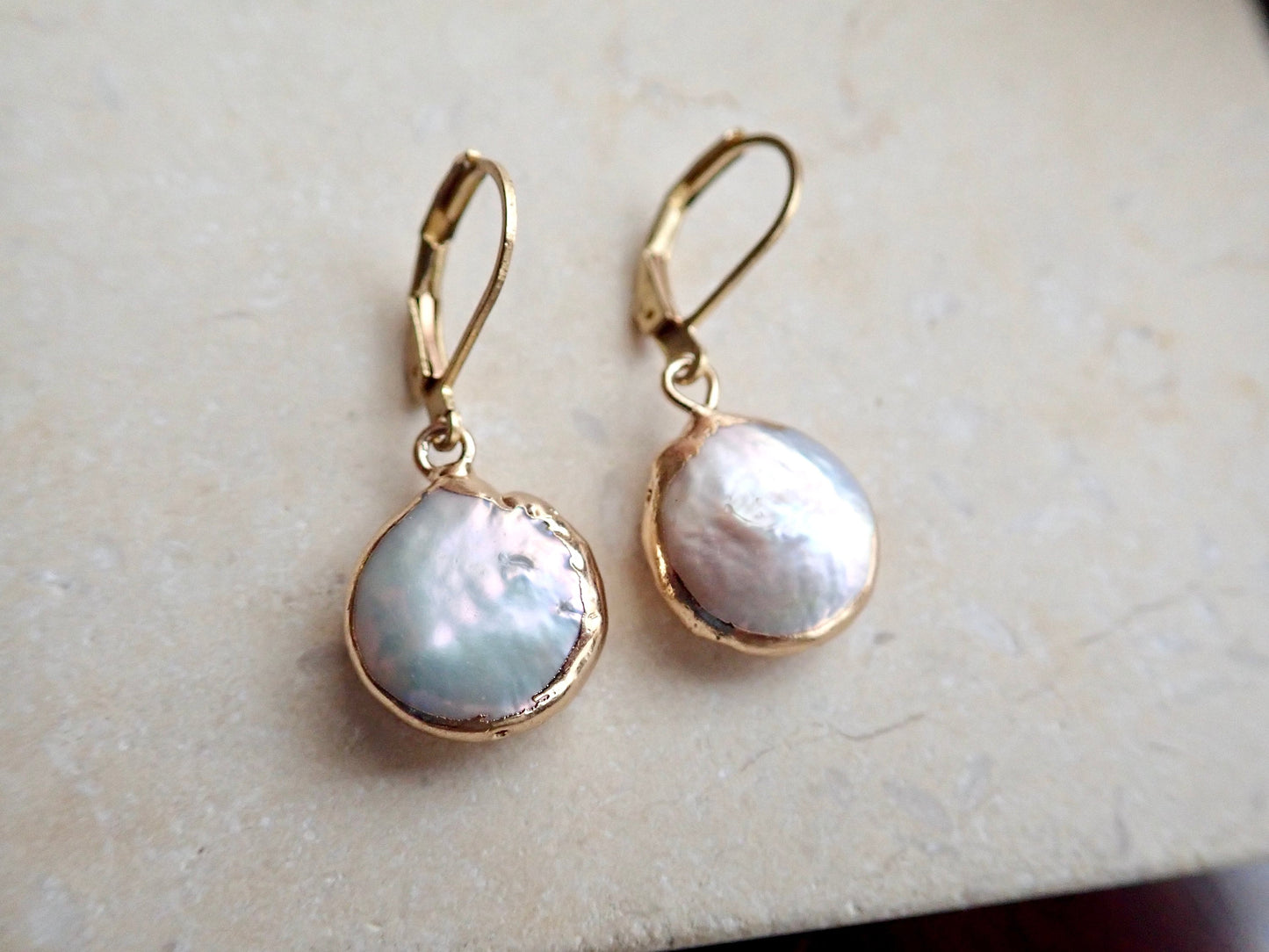 Pearl Drop Earrings Gold, Freshwater Pearl Coin Dangle Earrings, June Birthstone Gift for Her