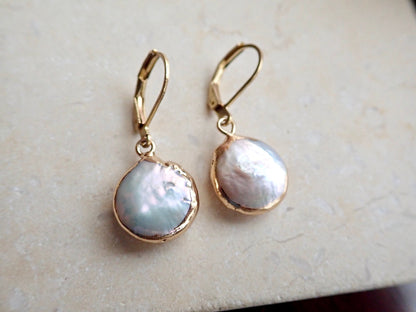 Pearl Drop Earrings Gold, Freshwater Pearl Coin Dangle Earrings, June Birthstone Gift for Her