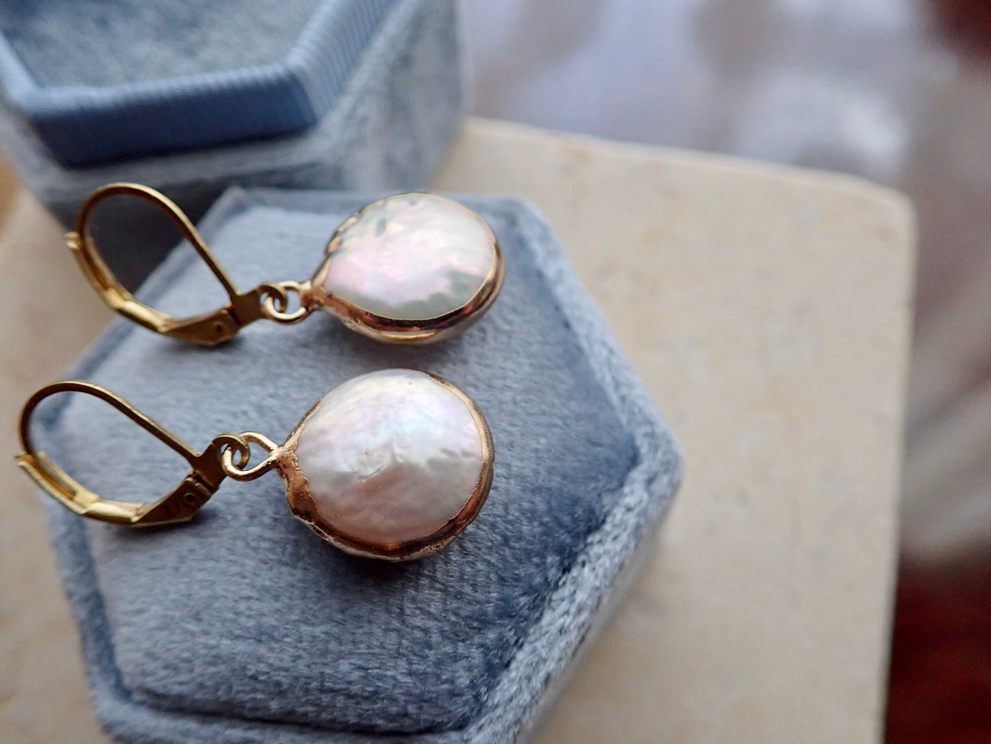 Pearl Drop Earrings Gold, Freshwater Pearl Coin Dangle Earrings, June Birthstone Gift for Her