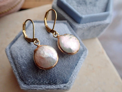 Pearl Drop Earrings Gold, Freshwater Pearl Coin Dangle Earrings, June Birthstone Gift for Her