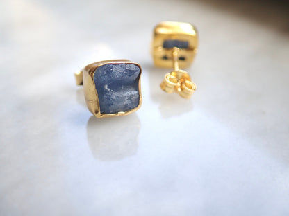 Raw Sapphire Stud Earrings | 24K Gold Vermeil Handmade Bezel | Hypoallergenic Natural Gemstone Jewelry