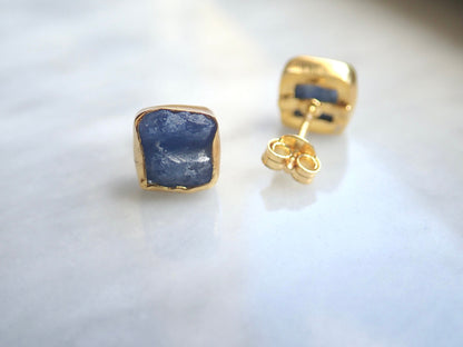 Raw Sapphire Stud Earrings | 24K Gold Vermeil Handmade Bezel | Hypoallergenic Natural Gemstone Jewelry