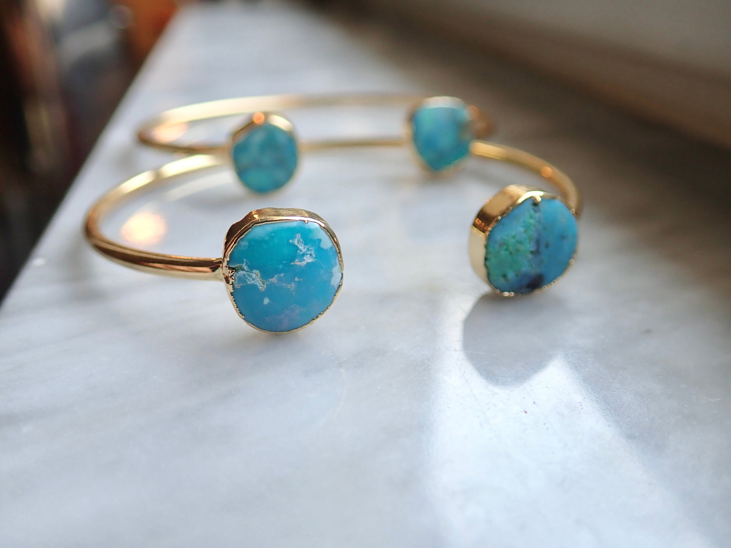 Genuine Turquoise Open Cuff Bracelet – 14k Gold Plated Adjustable Boho Bracelet | December Birthstone Jewelry