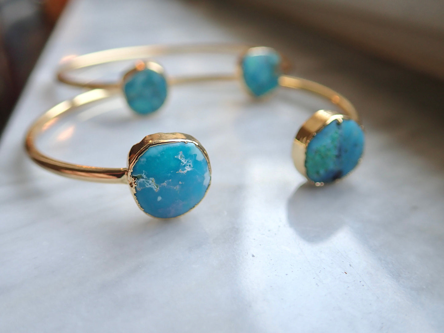Genuine Turquoise Open Cuff Bracelet – 14k Gold Plated Adjustable Boho Bracelet | December Birthstone Jewelry