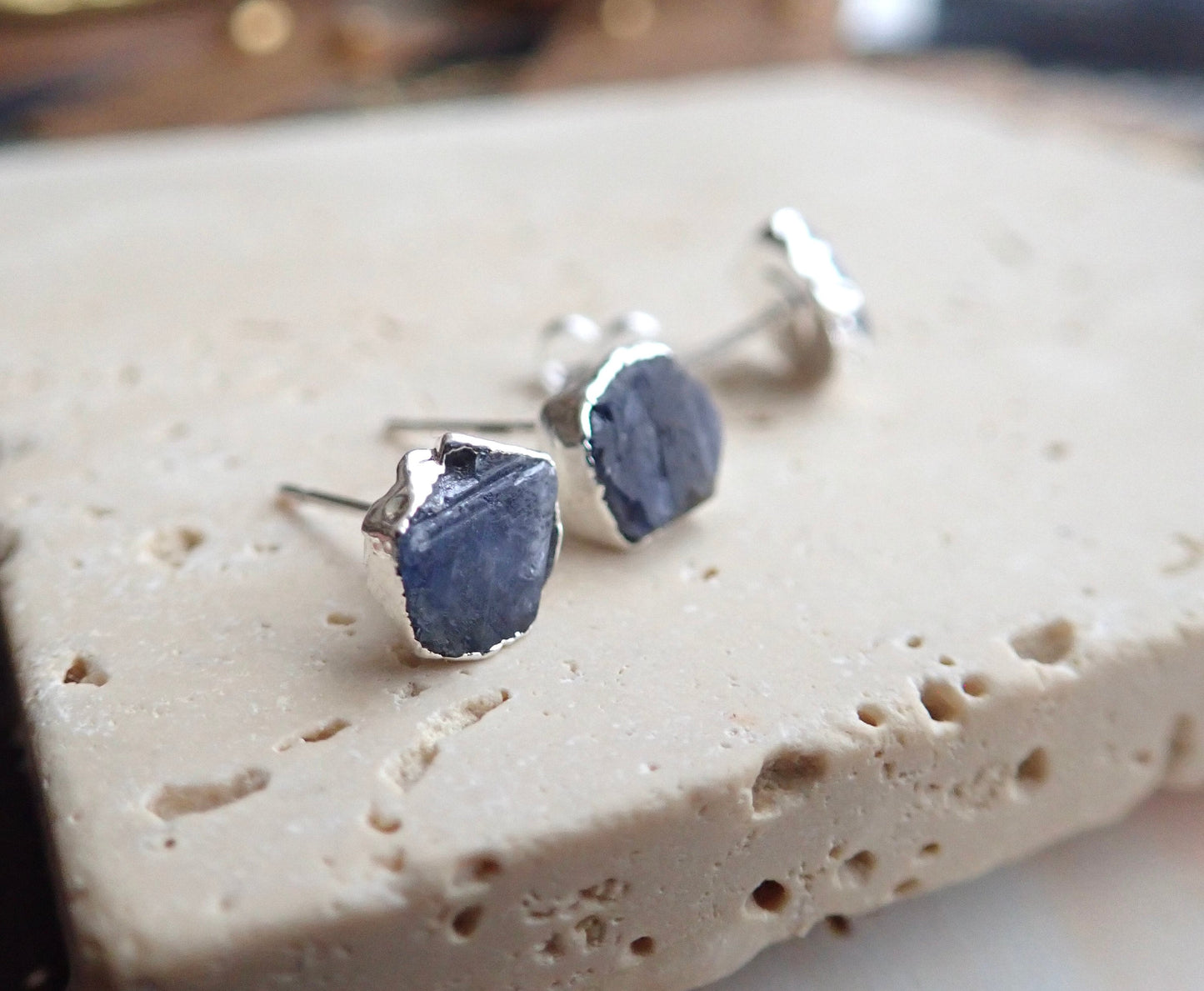 Sapphire Studs Earrings, Raw Gemstone Stud Earrings Silver, Sapphire Jewelry, Birth Month Earrings, September Birthstone Gift