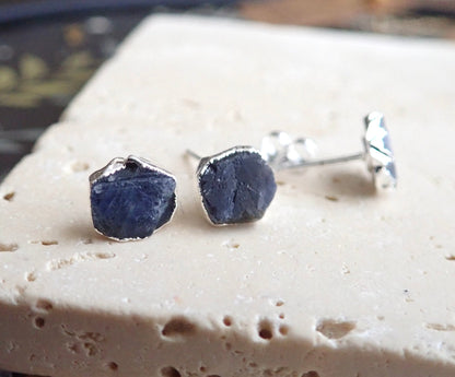 Sapphire Studs Earrings, Raw Gemstone Stud Earrings Silver, Sapphire Jewelry, Birth Month Earrings, September Birthstone Gift