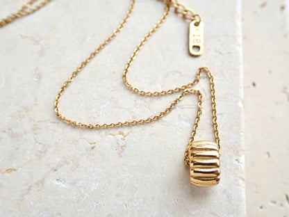 Waterproof Gold Bead Necklace,  Ridged Tube Pendant on No Tarnish 18k Gold Chain,  Minimalist Fidget Necklace, Everyday Jewelry