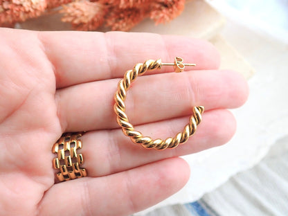 18k Gold Twisted Hoop Earrings – Tarnish Proof & Waterproof Jewelry | Gold Fill over Stainless Steel