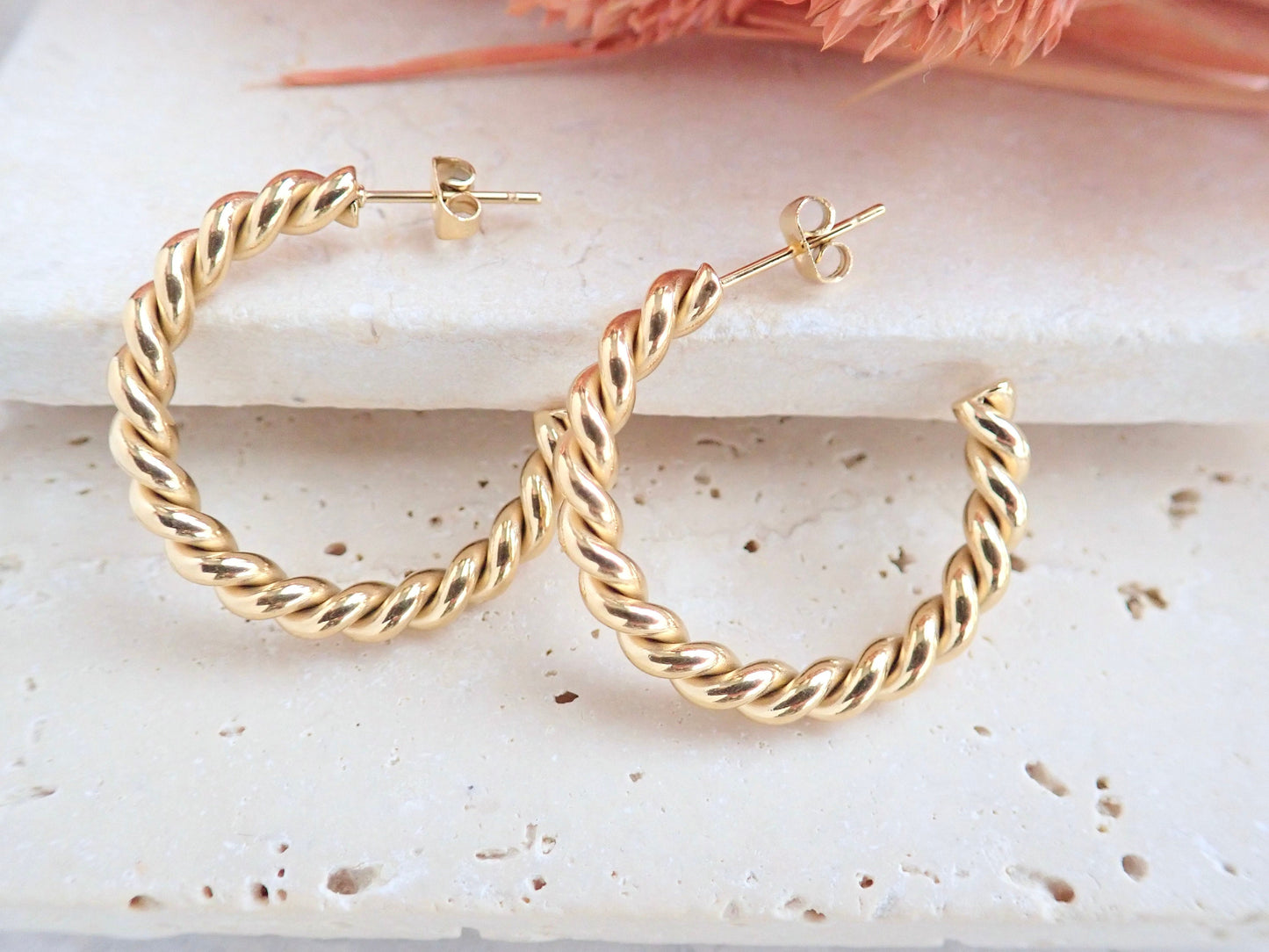 18k Gold Twisted Hoop Earrings – Tarnish Proof & Waterproof Jewelry | Gold Fill over Stainless Steel