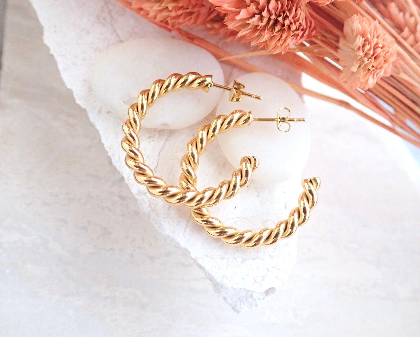 18k Gold Twisted Hoop Earrings – Tarnish Proof & Waterproof Jewelry | Gold Fill over Stainless Steel
