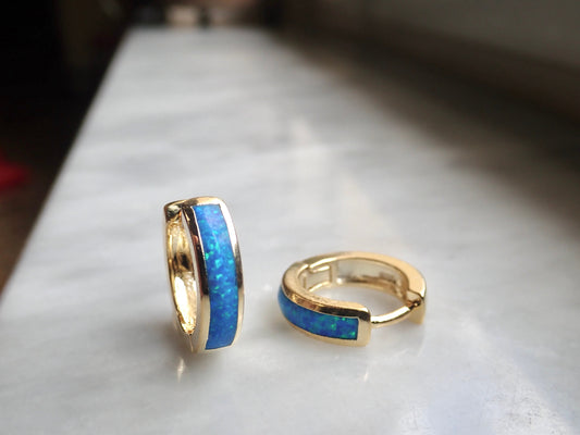 Opal Inlay Huggie Hoops - Blue or White Opal Earrings - Gold Gemstone Hoops