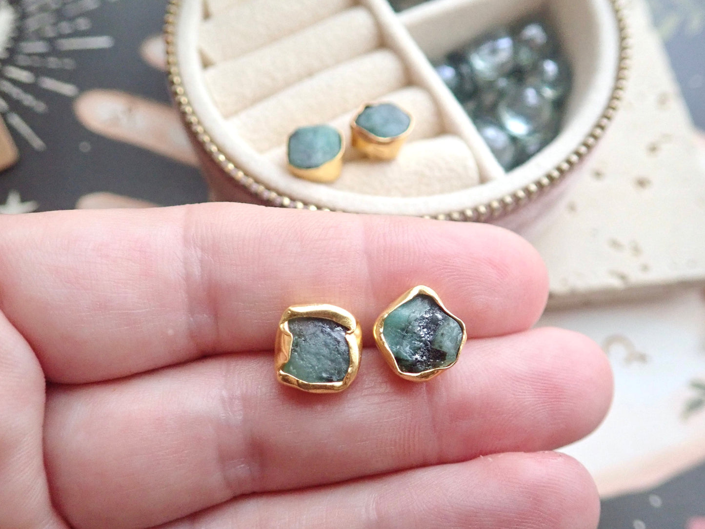 Raw Emerald Stud Earrings | May Birthstone Earrings Her | Gold Vermeil Hypo-Allergenic Gemstone Studs