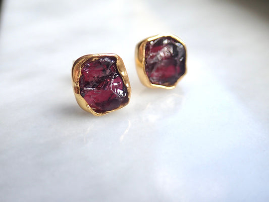 Raw Garnet Stud Earrings – Hand Wrapped in 14k Gold Vermeil | Natural January Birthstone Jewelry