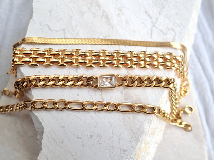 Waterproof Gold Filled Stacking Bracelets - Thick Chain Bracelet - Herringbone Bracelet- Curby Chain Crystal Bracelet