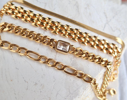 Waterproof Gold Filled Stacking Bracelets - Thick Chain Bracelet - Herringbone Bracelet- Curby Chain Crystal Bracelet