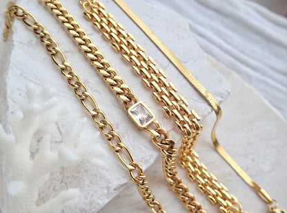 Waterproof Gold Filled Stacking Bracelets - Thick Chain Bracelet - Herringbone Bracelet- Curby Chain Crystal Bracelet
