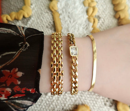 Waterproof Gold Filled Stacking Bracelets - Thick Chain Bracelet - Herringbone Bracelet- Curby Chain Crystal Bracelet