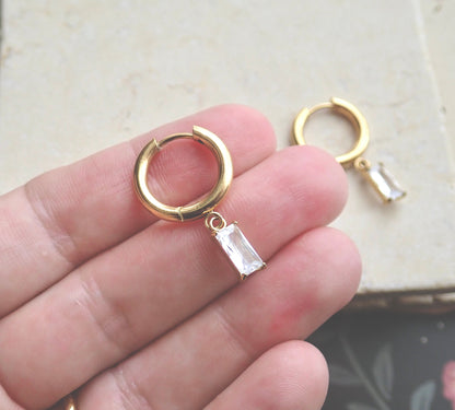 Small Gold Hoop Earrings with Crystal Charm, Gemstone Huggie Hoops, WATERPROOF No Tarnish Earrings, Gift for Her