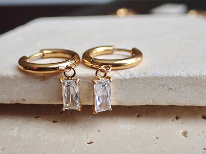 Small Gold Hoop Earrings with Crystal Charm, Gemstone Huggie Hoops, WATERPROOF No Tarnish Earrings, Gift for Her