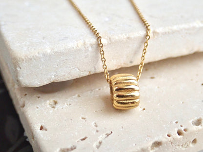 Waterproof Gold Bead Necklace,  Ridged Tube Pendant on No Tarnish 18k Gold Chain,  Minimalist Fidget Necklace, Everyday Jewelry