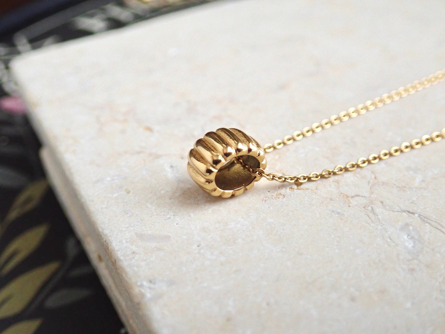 Waterproof Gold Bead Necklace,  Ridged Tube Pendant on No Tarnish 18k Gold Chain,  Minimalist Fidget Necklace, Everyday Jewelry