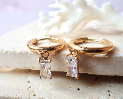 Small Gold Hoop Earrings with Crystal Charm, Gemstone Huggie Hoops, WATERPROOF No Tarnish Earrings, Gift for Her