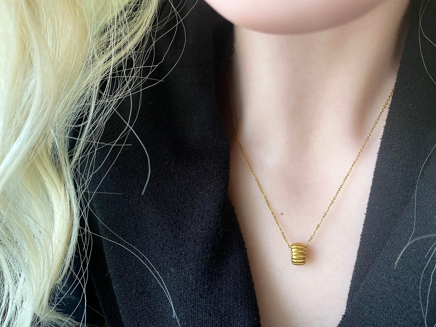 Waterproof Gold Bead Necklace,  Ridged Tube Pendant on No Tarnish 18k Gold Chain,  Minimalist Fidget Necklace, Everyday Jewelry