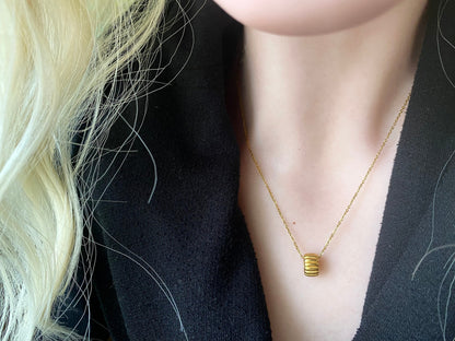 Waterproof Gold Bead Necklace,  Ridged Tube Pendant on No Tarnish 18k Gold Chain,  Minimalist Fidget Necklace, Everyday Jewelry