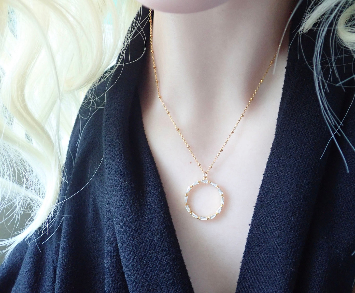 Gold Fill Eternity Necklace with  Baguette Crystals,  Halo Circle Pendant, Dainty Minimalist Jewelry, Gift for Her Everyday Elegant Gift