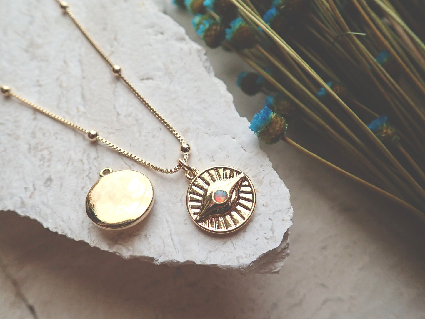 Gold Evil Eye Necklace – Sunburst Opal Charm, Dainty Medallion Necklace, October Birthstone, Celestial Protection Jewelry, Gold Fill Chain