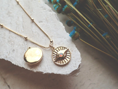 Gold Evil Eye Necklace – Sunburst Opal Charm, Dainty Medallion Necklace, October Birthstone, Celestial Protection Jewelry, Gold Fill Chain