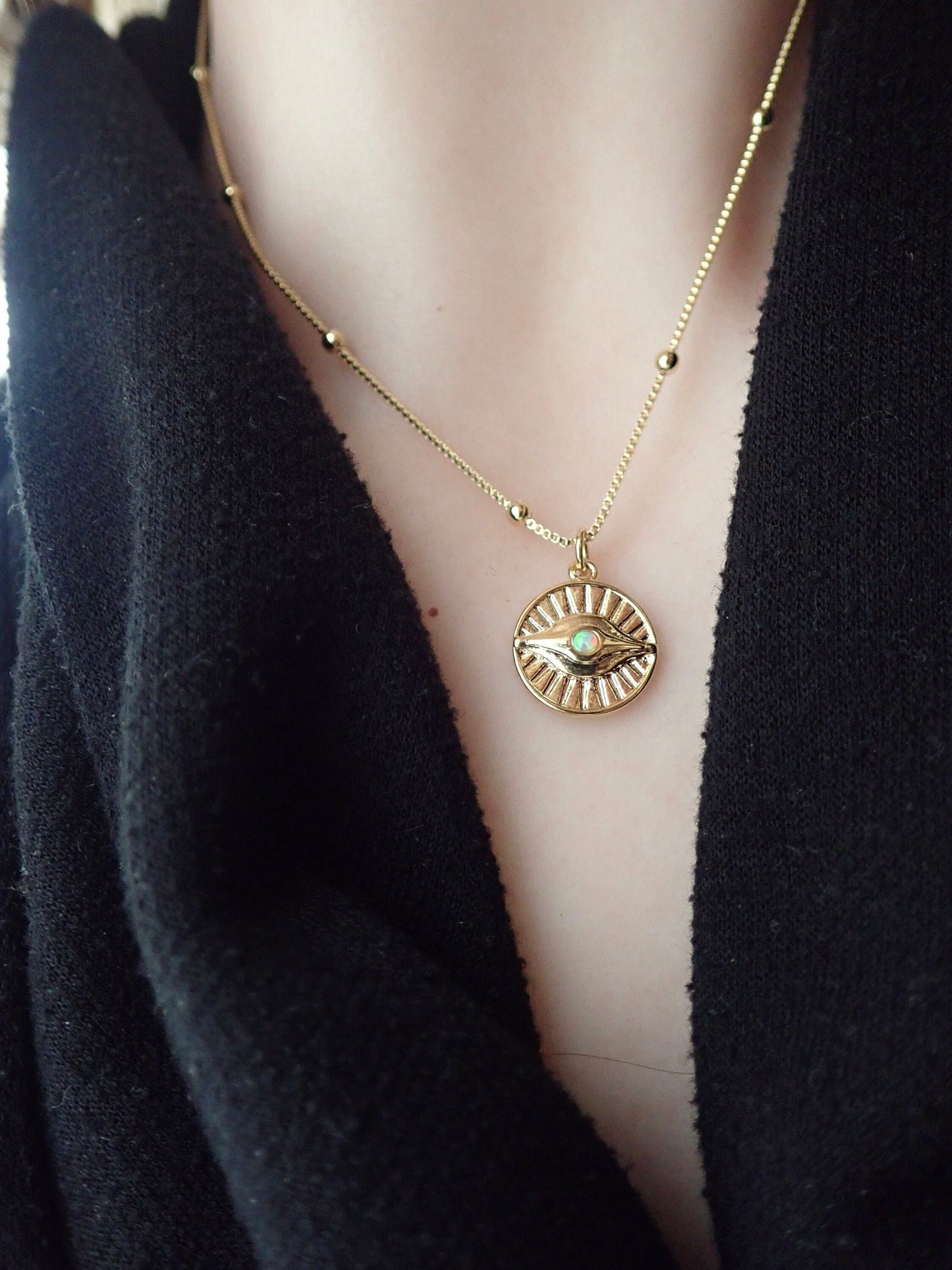 Gold Evil Eye Necklace – Sunburst Opal Charm, Dainty Medallion Necklace, October Birthstone, Celestial Protection Jewelry, Gold Fill Chain