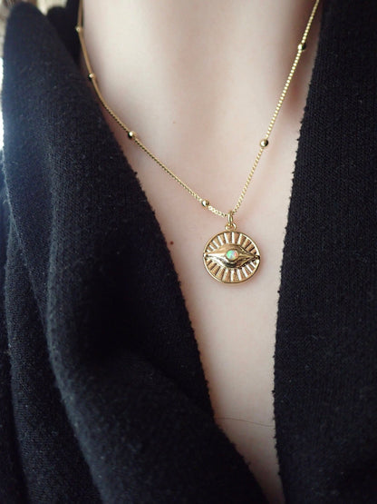Gold Evil Eye Necklace – Sunburst Opal Charm, Dainty Medallion Necklace, October Birthstone, Celestial Protection Jewelry, Gold Fill Chain