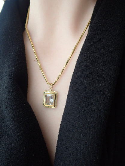 Gemstone Pendant Necklace WATERPROOF Jewelry, Minimalist Gemstone Statement Necklace, Layering Crystal Necklace, Rectangle Stone Pendant