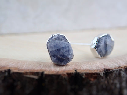 Sapphire Studs Earrings, Raw Gemstone Stud Earrings Silver, Sapphire Jewelry, Birth Month Earrings, September Birthstone Gift