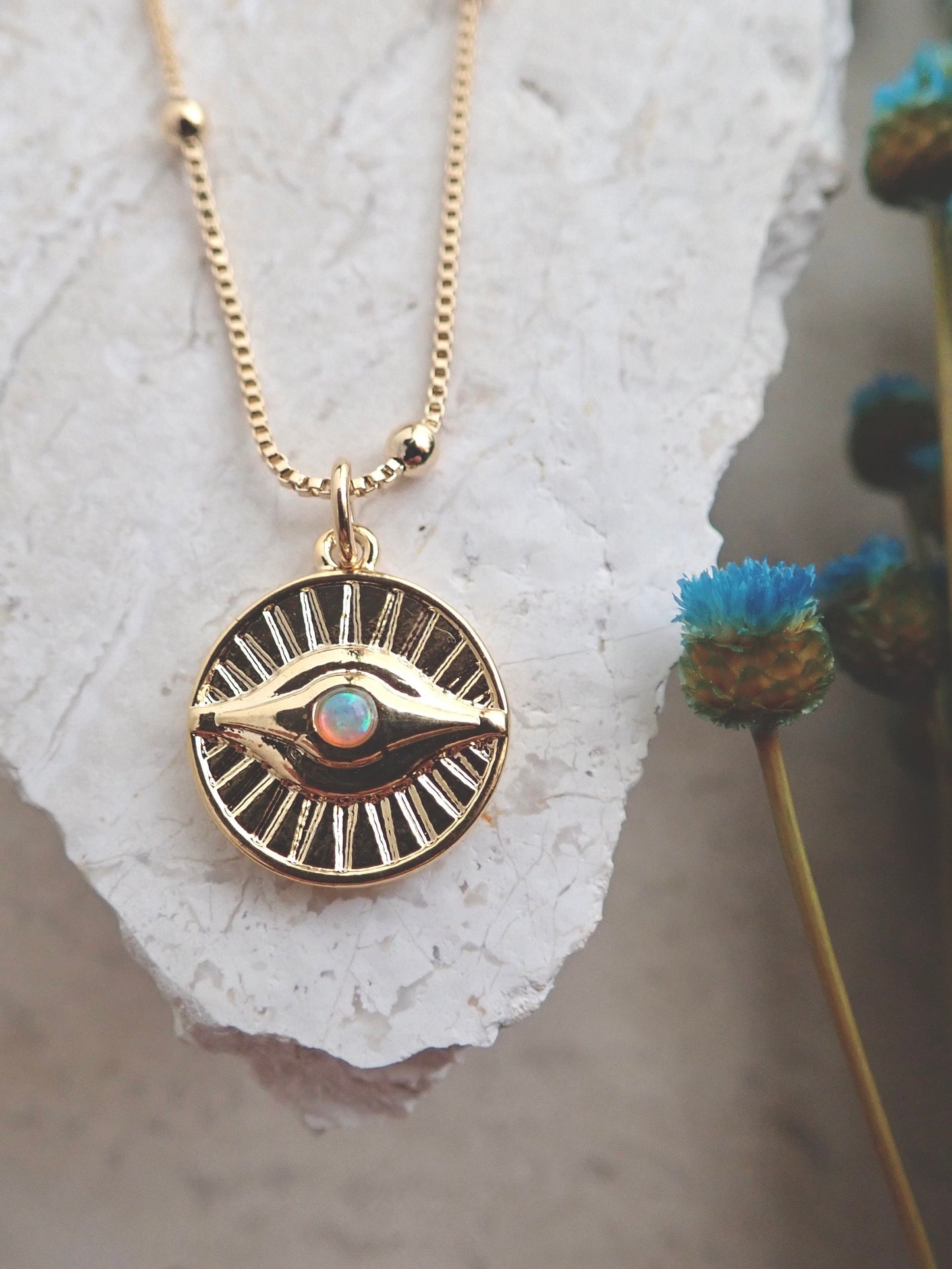 Gold Evil Eye Necklace – Sunburst Opal Charm, Dainty Medallion Necklace, October Birthstone, Celestial Protection Jewelry, Gold Fill Chain