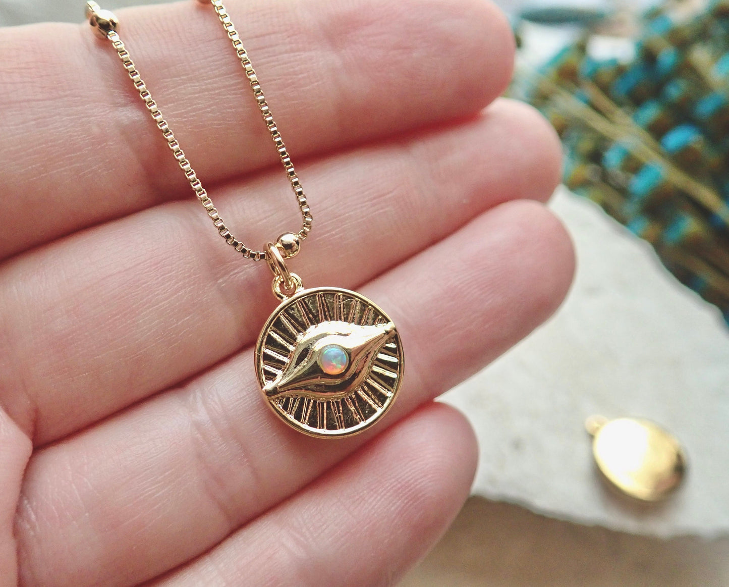 Gold Evil Eye Necklace – Sunburst Opal Charm, Dainty Medallion Necklace, October Birthstone, Celestial Protection Jewelry, Gold Fill Chain