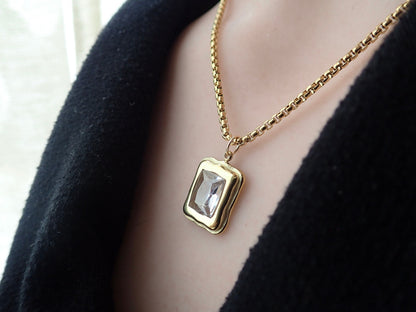 Gemstone Pendant Necklace WATERPROOF Jewelry, Minimalist Gemstone Statement Necklace, Layering Crystal Necklace, Rectangle Stone Pendant