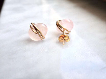 Rose Quartz Stud Earrings | Wire Wrapped Gemstone Earrings, Pink Crystal Post Earrings, Rose Quartz Jewelry, January Birthstone Gift for Her