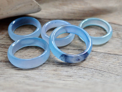 Light Blue Solid Stone Band Ring, Blue Agate Gemstone Ring, Medium Band Stacking Ring, Carved Stone Thumb Ring