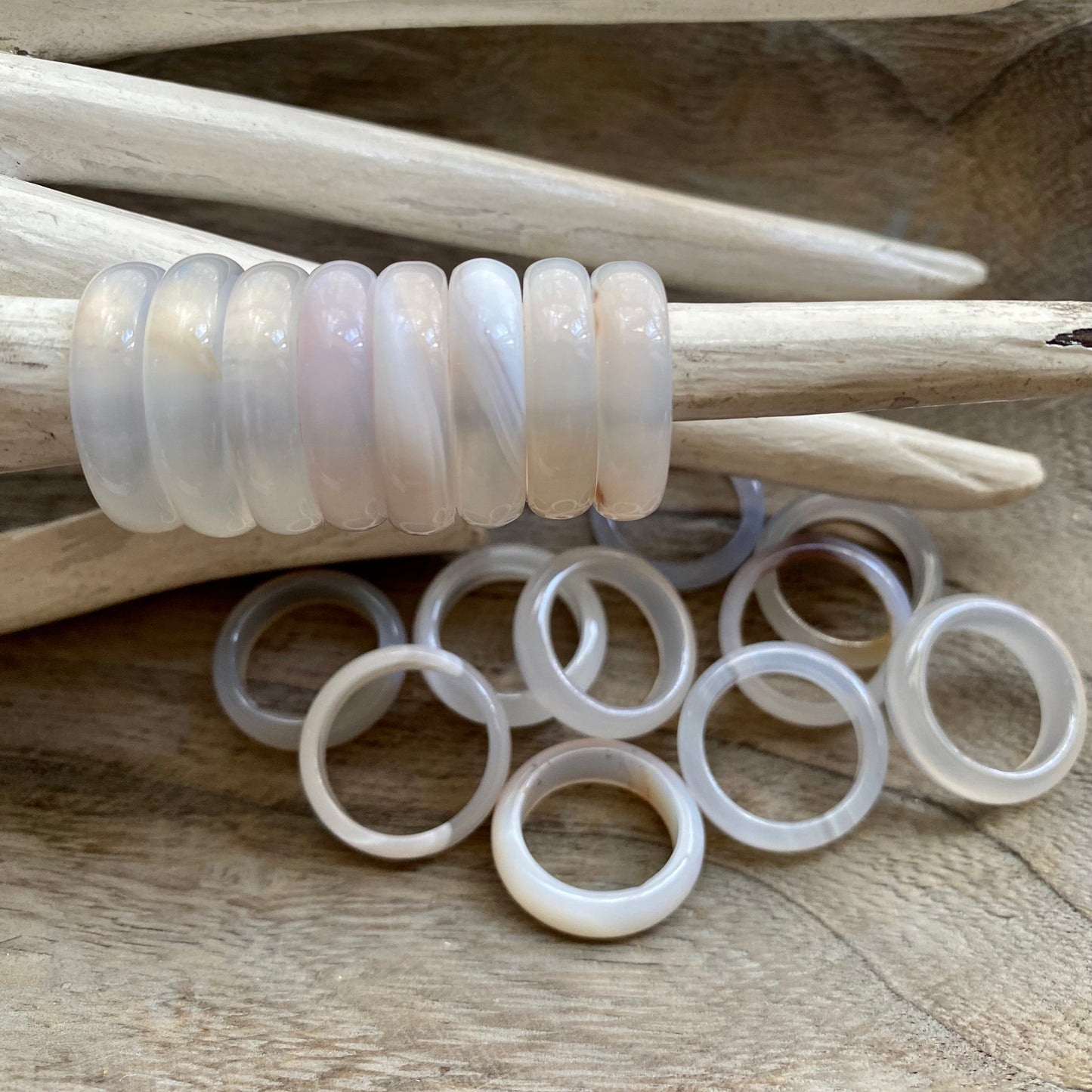 White Clear Solid Agate Stone Band Ring, Solid Gemstone Ring, Carved Stone Ring, Medium Stone Band Ring, Stacking Crystal Ring