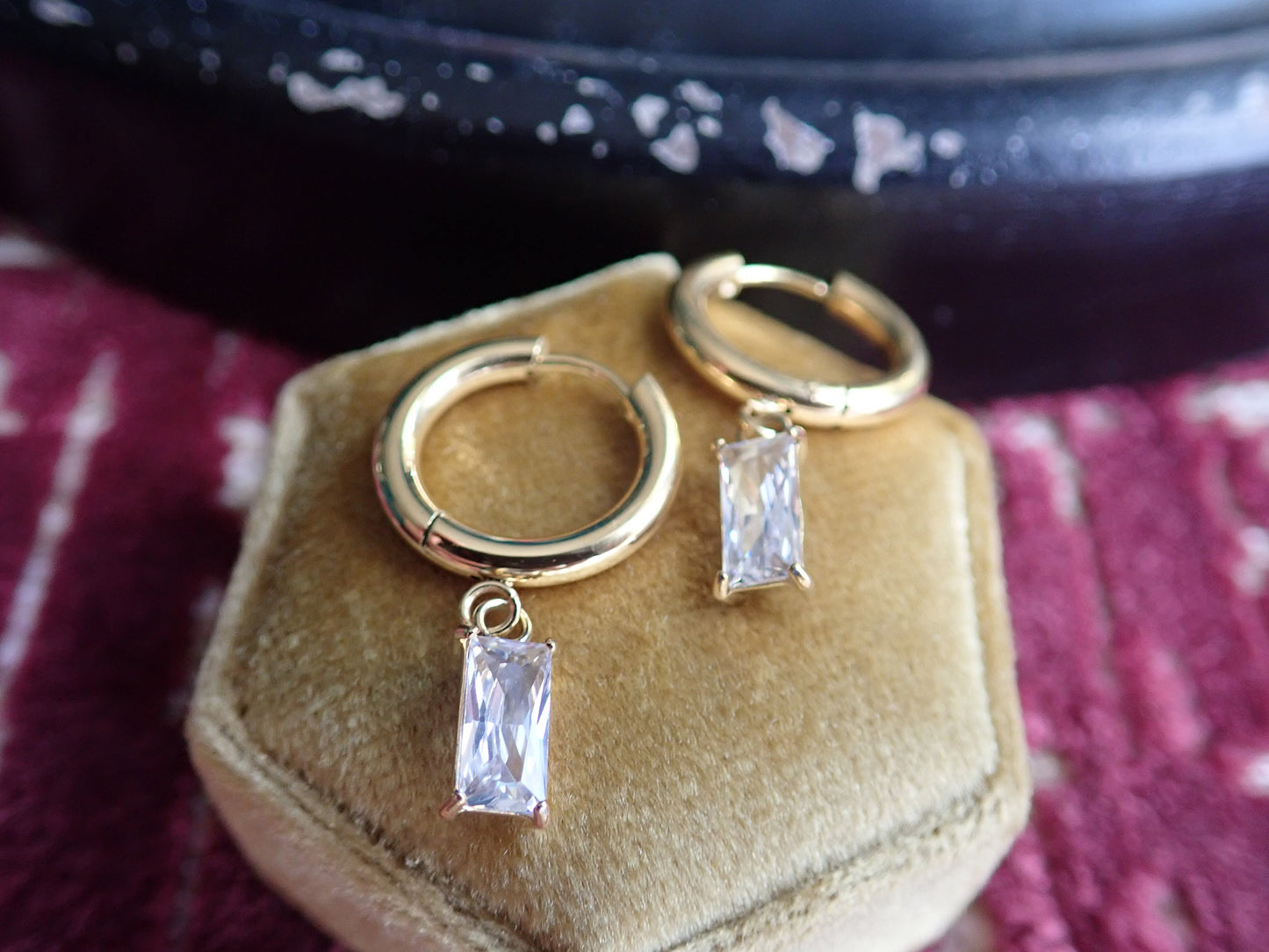 Small Gold Hoop Earrings with Crystal Charm, Gemstone Huggie Hoops, WATERPROOF No Tarnish Earrings, Gift for Her