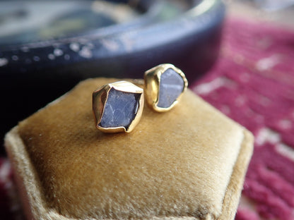 Raw Sapphire Stud Earrings | 24K Gold Vermeil Handmade Bezel | Hypoallergenic Natural Gemstone Jewelry