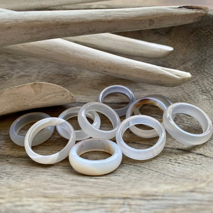 White Clear Solid Agate Stone Band Ring, Solid Gemstone Ring, Carved Stone Ring, Medium Stone Band Ring, Stacking Crystal Ring