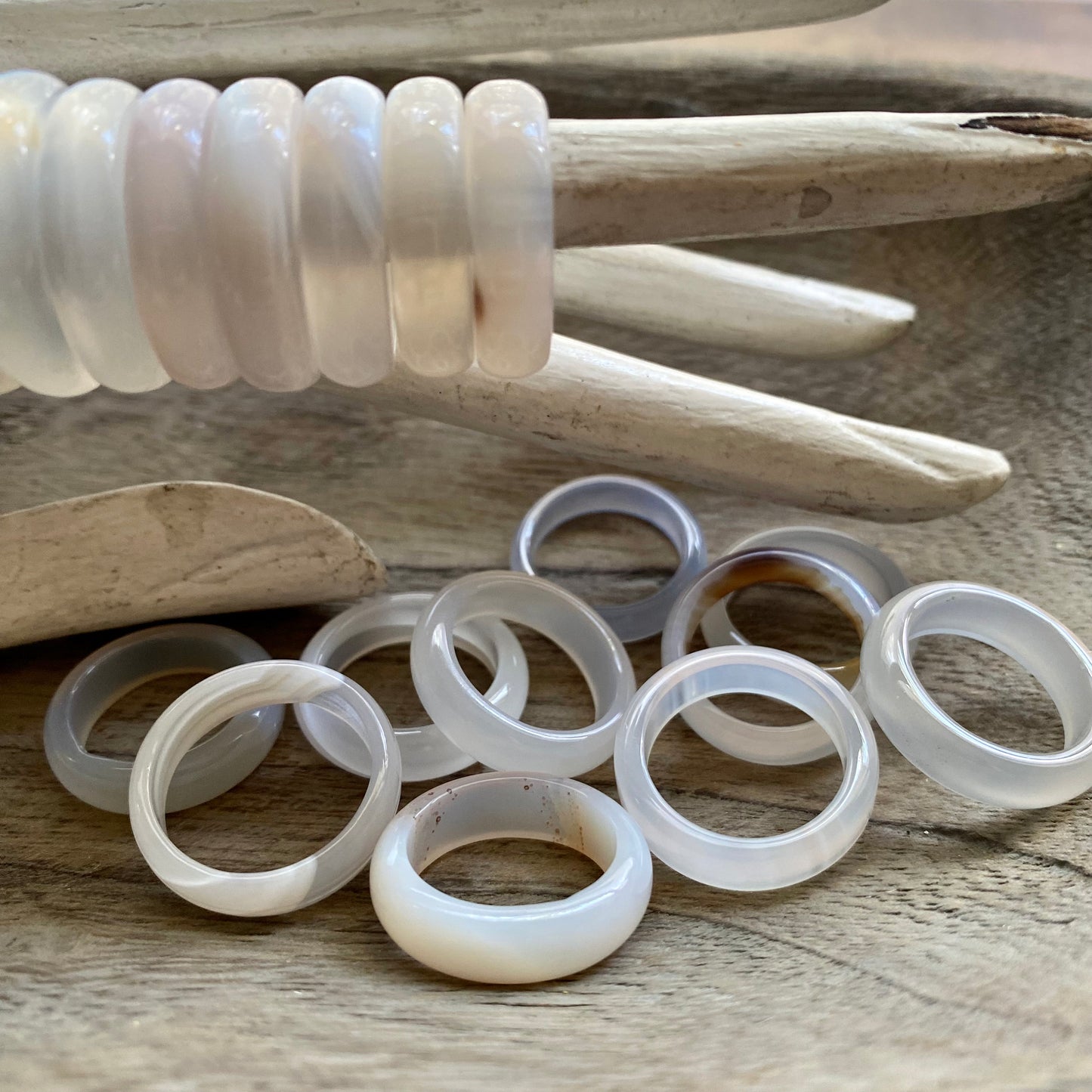 White Clear Solid Agate Stone Band Ring, Solid Gemstone Ring, Carved Stone Ring, Medium Stone Band Ring, Stacking Crystal Ring