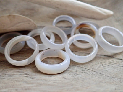 White Clear Solid Agate Stone Band Ring, Solid Gemstone Ring, Carved Stone Ring, Medium Stone Band Ring, Stacking Crystal Ring