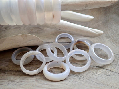 White Clear Solid Agate Stone Band Ring, Solid Gemstone Ring, Carved Stone Ring, Medium Stone Band Ring, Stacking Crystal Ring