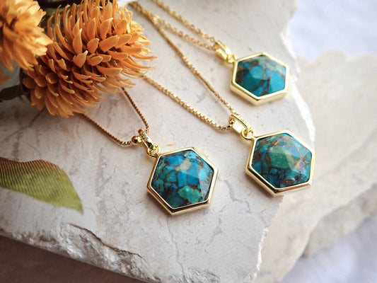 Turquoise Pendant Necklace -14k Gold Vermeil Turquoise Necklace,  Hexagon Gemstone Necklace,December Birthstone