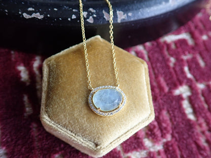 Gold Bezel Birthstone Necklaces in Aquamarine  Rose Quartz  Amethyst or Moonstone | Dainty Pavé Gemstone Pendant Necklace